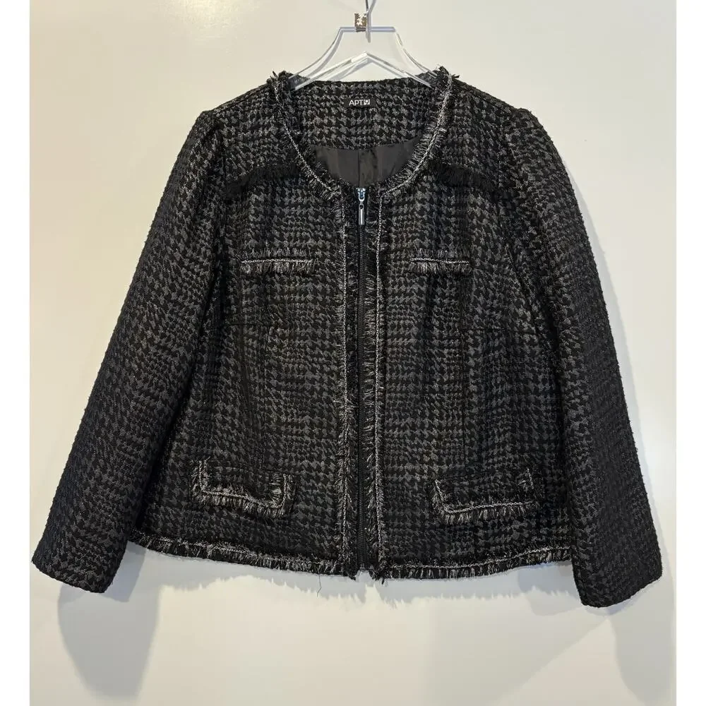 APT 9 Black Silver Metallic Thread Fringed Zip Front Blazer Jacket Womens XL (K)
